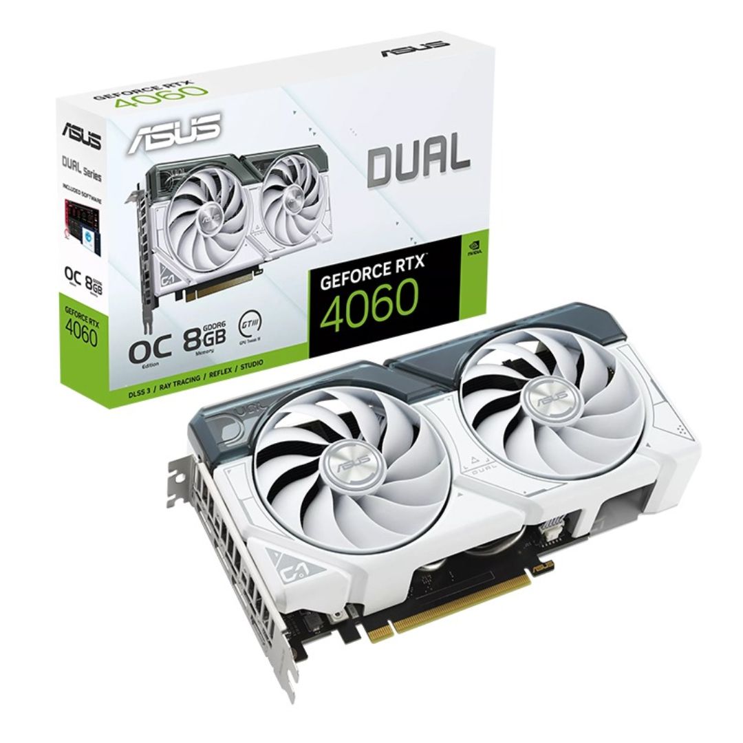 ASUS nVidia GeForce DUAL-RTX4060-O8G-EVO-WHITE RTX4060 EVO White OC Edition 8GB GDDR6 2505 MHz Boost Clock, RAM 17Gbps, 3xDP, 1xHDMI DUAL-RTX4060-O8G-EVO-WHITE-RETAIL