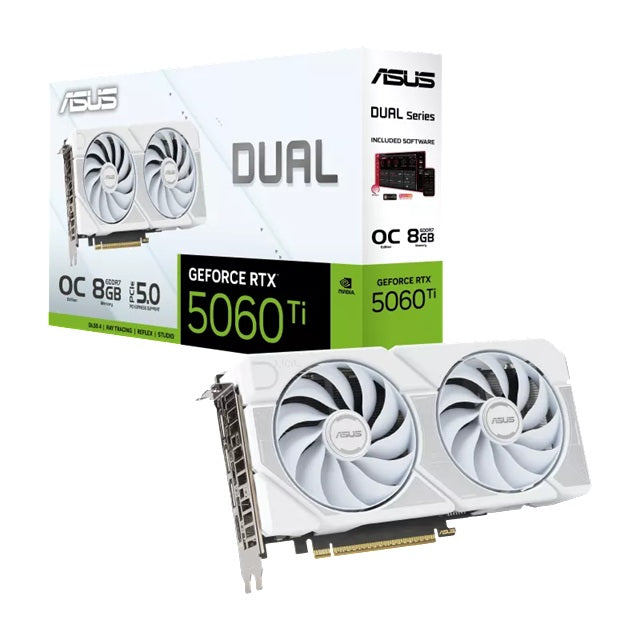 ASUS Dual GeForce RTX 5060 Ti 8GB - White, OC Edition, NVIDIA, GDDR7, 4608 CUDA Cores, 28Gbps, PCIe 5.0, HDMI 2.1b, DP 2.1b DUAL-RTX5060TI-O8G-WHITE