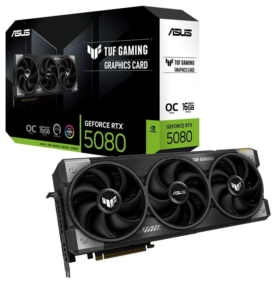 ASUS nVidia GeForce TUF Gaming RTX 5080 16GB GDDR7 OC Edition, 10752CUDA, 2730MHz, 16GBGDDR7, 30Gbps, 256bit, PCIe5.0, 7680x4320, HDMI2.1b, DP2.1b TUF-RTX5080-O16G-GAMING