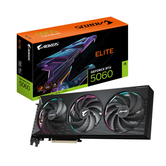 Gigabyte AORUS GeForce RTX 5060 ELITE 8G, 2722 MHz, CUDA 3840, 28 Gbps, 8 GB. GDDR7, 128 bit, PCI-E 5.0, PSU 500W, DisplayPort 2.1b *3 HDMI 2.1b x1 GV-N5060AORUS E-8GD
