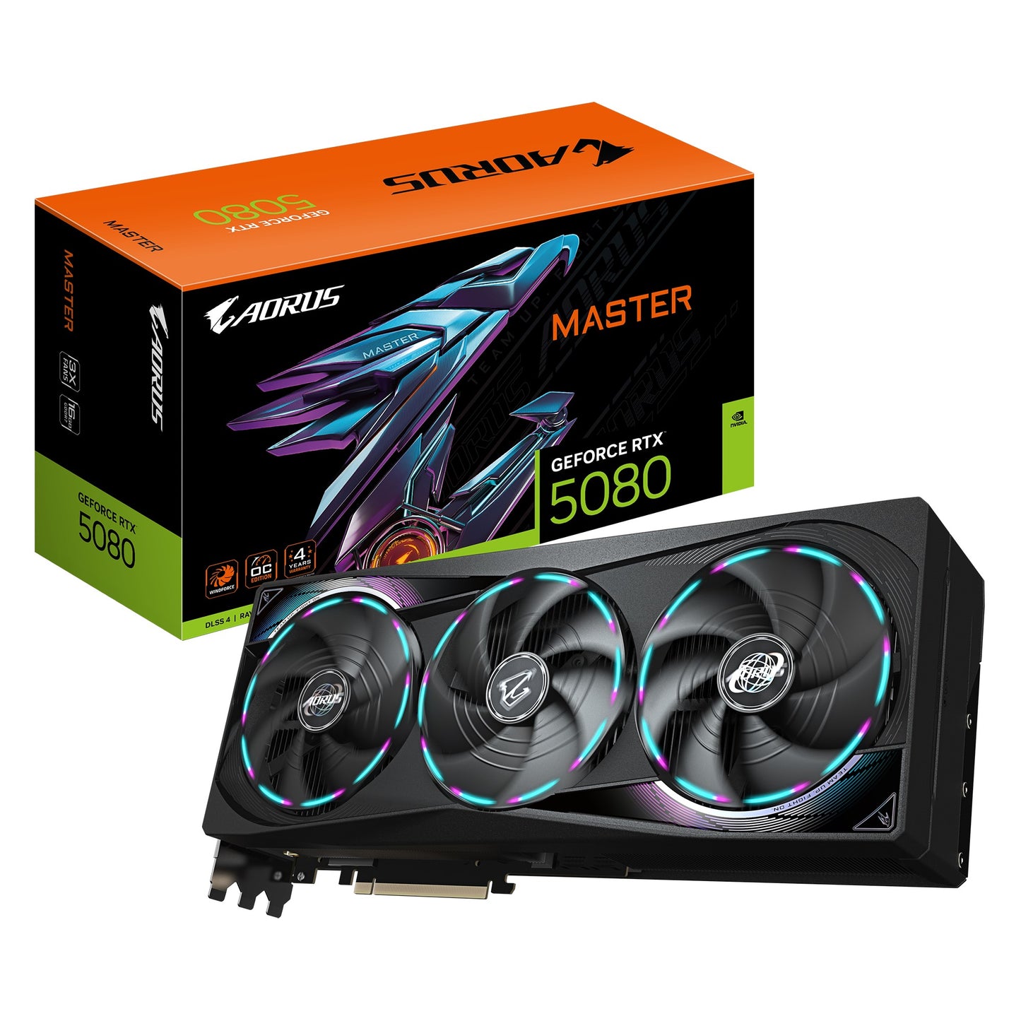 Gigabyte AORUS GeForce RTX 5080 MASTER 16G, 2805 MHz, CUDA 10752, 30 Gbps, GDDR7, 256 bit, PCI-E 5.0, PSU 850W, DisplayPort 2.1b x3 HDMI 2.1b x1 GV-N5080AORUS M-16GD