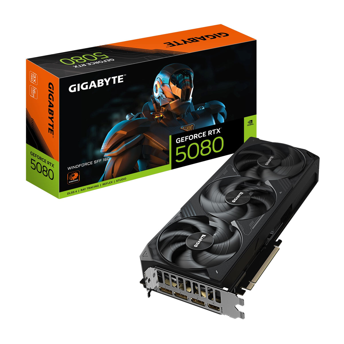 Gigabyte GeForce RTX 5080 WINDFORCE SFF 16G, 2617 MHz, CUDA 10752. 30 Gbps, GDDR7, 256 bit PCI-E 5.0, PSU 850W, DisplayPort 2.1b x3 HDMI 2.1b x1 GV-N5080WF3-16GD