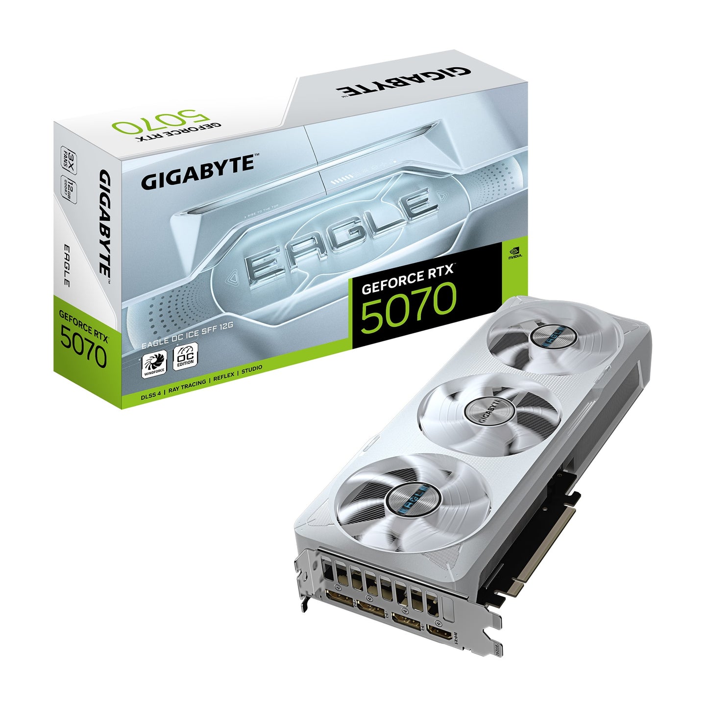 Gigabyte GeForce RTX 5070 EAGLE OC ICE SFF 12G, 2587 MHz, CUDA 6144, 28 Gbps, GDDR7, 192 bit, PCI-E 5.0, ATX, PSU 750W, DisplayPort 2.1b HDMI 2.1b *1 GV-N5070EAGLEOC ICE-12GD