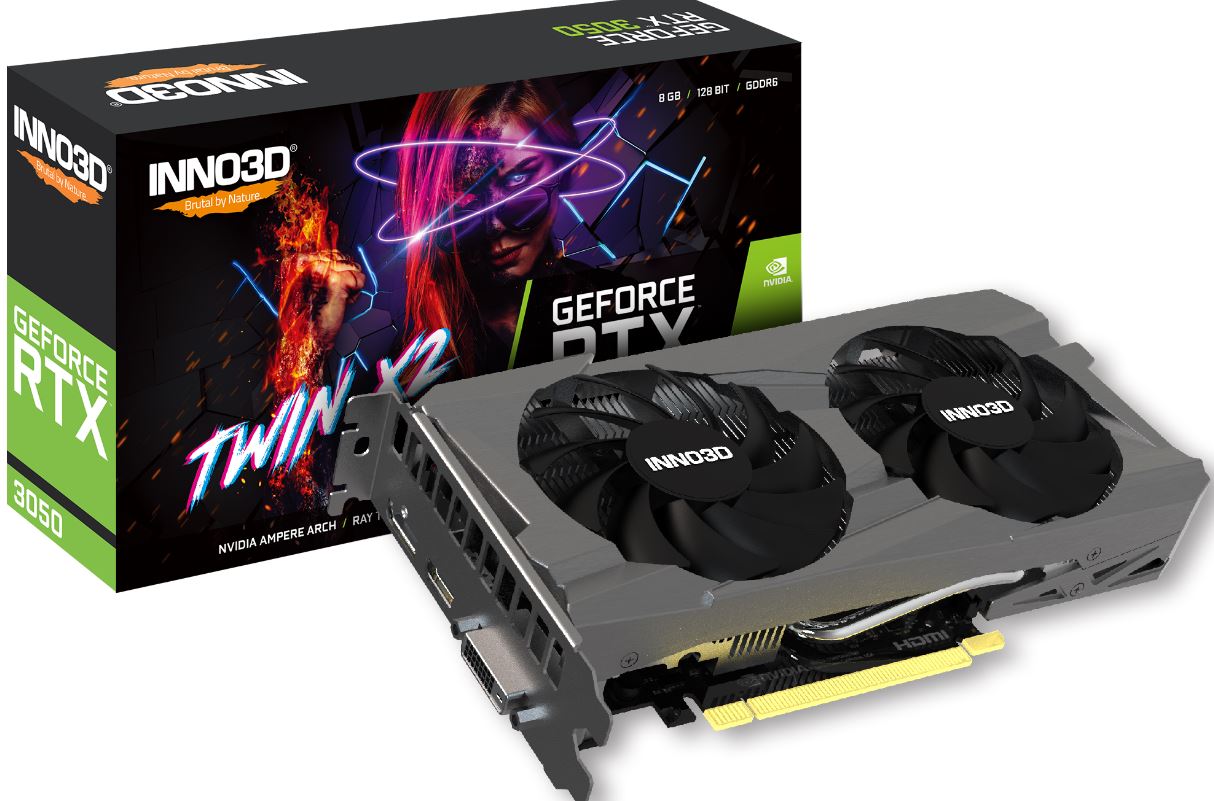 INNO3D nVidia GeForce RTX 3050 TWIN X2 GPU 8GB GDDR6, 1777MHz Boost Clock, RAM 14Gbps, 1xDP, 1xHDMI, 1x DVI N30502-08D6-1711VA41