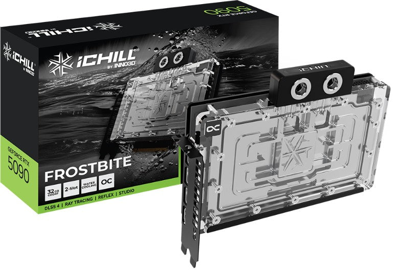 INNO3D nVidia GeForce RTX 5090 ICHILL Frostbite 32GB GDDR7 2467MHz Boost, Full-cover Water Block 204x161x34mm Dual Slot (Custom Loop System Required) C50903-32D7X-1759FB