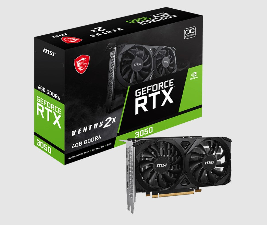 MSI nVidia GeForce RTX 3050 VENTUS 2X E 6G OC, Boost: 1492 MHz, CUDA 2304 Units, 6GB GDDR6, HDMI x 2 GeForce RTX 3050 VENTUS 2X E 6G OC