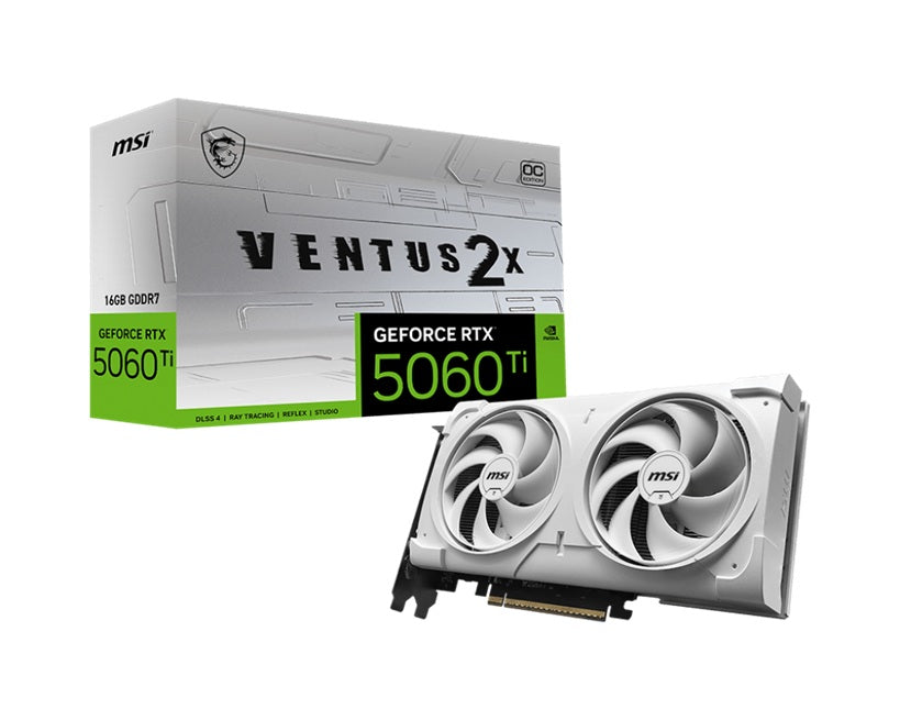 MSI nVidia GeForce RTX 5060 Ti 16G VENTUS 2X OC WHITE PLUS, Boost 2602 MHz, CUDA 4608, 16GB GDDR7, 28 Gbps, 600W PSU, HDMI x 1 (embargo) GeForce RTX 5060 Ti 16G VENTUS 2X OC WHITE PLUS