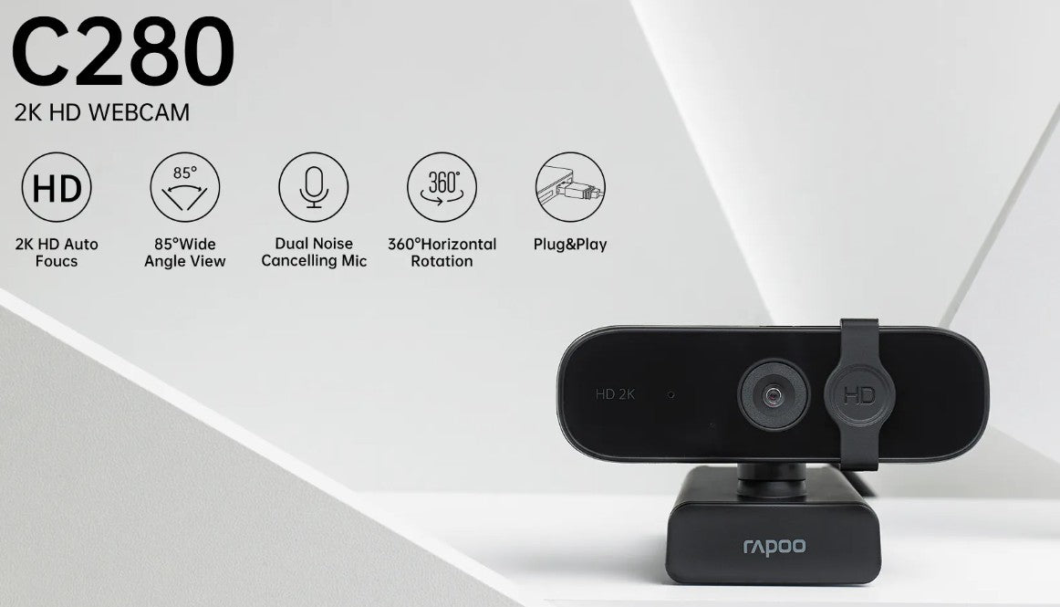 RAPOO C280 2K Webcam - Wide Angle Lens, Noise Canceling Mic, Plug & Play, Teams, Google Meet, Zoom, Does Not Support Windows Hello C280
