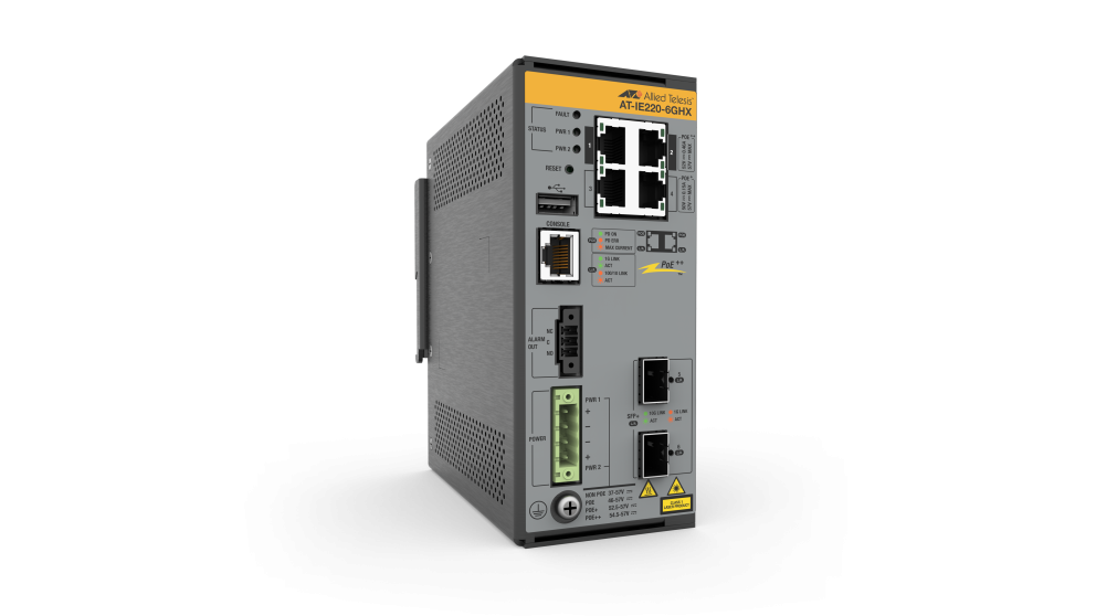 Allied Telesis 4x 10/100/1000T, 2x 1G/10G SFP+, Industrial Ethernet, Layer 2+ Switch, PoE++ Support (TAA compliant) AT-IE220-6GHX-980