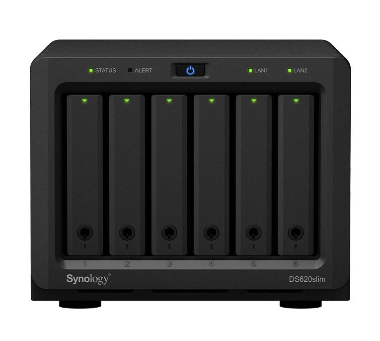 Synology DiskStation DS620 slim 6 Bay NAS Intel Celeron J3355 2-core 2.0 2GB DDR3L non-ECC SODIMM Hot Swappable 2xRJ-45 1GbE LAN 2xUSB 3.0 2 yrs wty DS620slim
