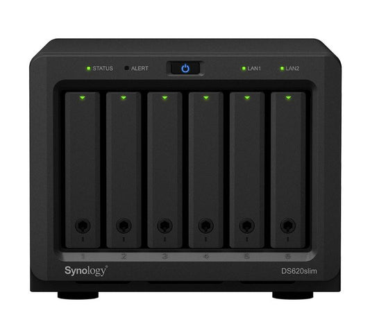 Synology DiskStation DS620 slim 6 Bay NAS Intel Celeron J3355 2-core 2.0 2GB DDR3L non-ECC SODIMM Hot Swappable 2xRJ-45 1GbE LAN 2xUSB 3.0 2 yrs wty DS620slim