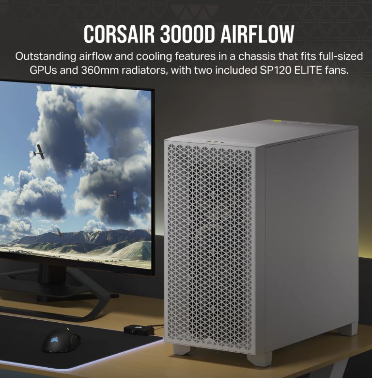 Corsair 3000D AIRFLOW Mid-Tower PC Case - White, Tempered Glass, ATX, 360mm GPU, 170mm CPU, 360mm radiator, 7 slots, USB 3.2, Dust Filtered, 2yr wty CC-9011252-WW
