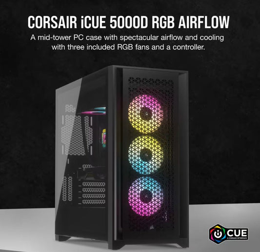 Corsair iCUE 5000D RGB High Airflow, 3x AF120 RGB Elite Fan, Lighting Node Pro Controller, Tempered Glass Mid-Tower, Black Gaming Case  CC-9011242-WW