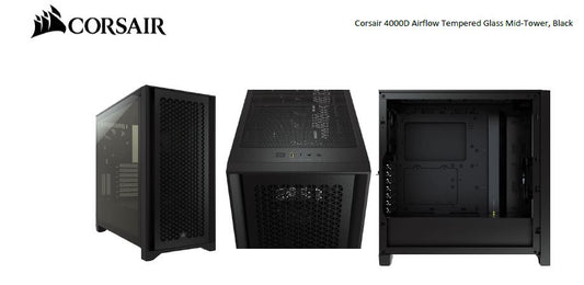 Corsair Carbide Series 4000D Airflow ATX Tempered Glass Black, 2x 120mm Fans pre-installed. USB 3.0 and Type-C x 1, Audio I/O. Case CC-9011200-WW