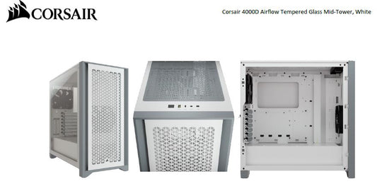 Corsair Carbide Series 4000D Airflow ATX Tempered Glass White, 2x 120mm Fans pre-installed. USB 3.0 x 2, Audio I/O. Case CC-9011201-WW