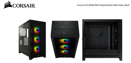 Corsair Carbide Series 4000X RGB E-ATX, ATX, Tempered Glass Front & Side. Black, 3x 120mm RGB Fans w/ Node core. USB 3.0 and Type-C x 1, PCI 7+2, Case CC-9011204-WW