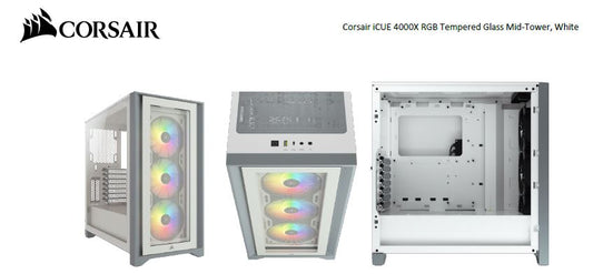 Corsair Carbide Series 4000X RGB E-ATX, ATX, Tempered Glass Front & Side. White, 3x 120mm RGB Fans pre-installed. USB 3.0 and Type-C x 1. PCI 7+2, Case CC-9011205-WW