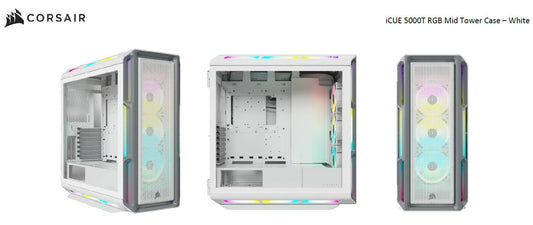 Corsair iCUE 5000T RGB ATX Mid-Tower Case, USB Type-C, 160 RGB LED, Rapid Route, Maximum Cooling, Tool Free Hinged Side Panels, White CC-9011231-WW