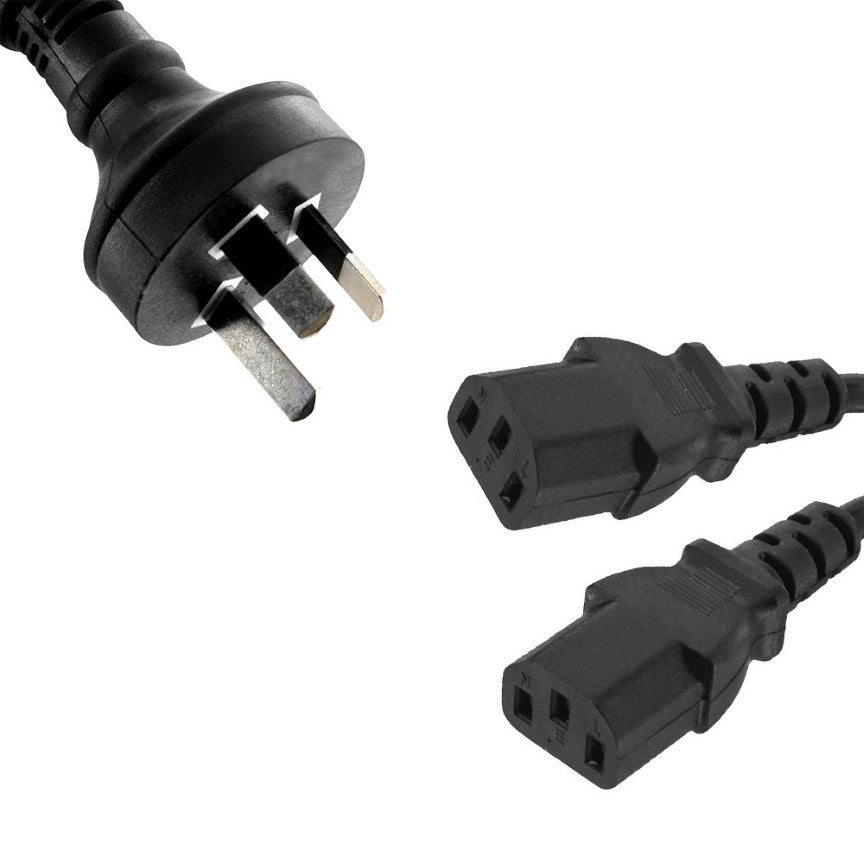 8ware 3m 10amp Y Split Power Cable with AU/NZ 3-pin Male Plug 2xIEC F C13 Socket & Cord for PC & Monitor to Wall Power Socket RC-3085AU-030