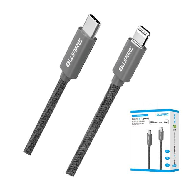 8ware 1.5m Super Ultra USB-C to Lightning Cable Super Fast charging Strength Aluminium flexible nylon Apple iPone iPad iPod Mac Retail Pack 8W-USBCLIGHNING