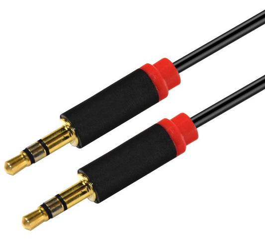 Astrotek 1m Stereo 3.5mm Flat Cable Male to Male Black with Red Mold - Audio Input Extension Auxiliary Car Cord AT-3.5MMAUX-1