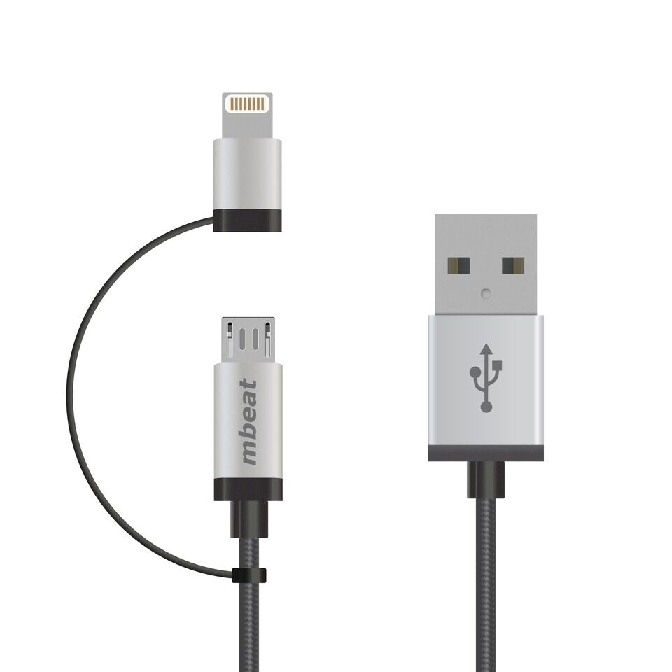 mbeat 1m Lightning and Micro USB Data Cable - 2-in-1/Aluminmum Shell Crush-Proof/Nylon Braided/Silver/ Apple/Andriod Tablet Mobile Device ICAB21-1S