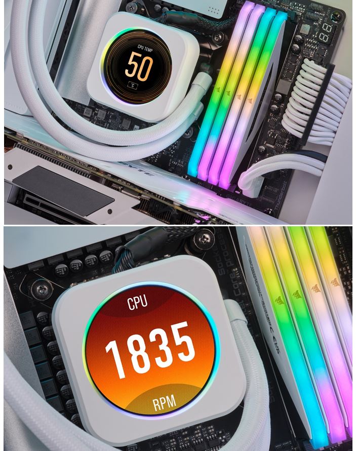 Corsair iCUE ELITE CPU Cooler LCD White Display Upgrade Kit transforms your CORSAIR ELITE CAPELLIX CPU cooler into a personalized dashboard CW-9060066-WW