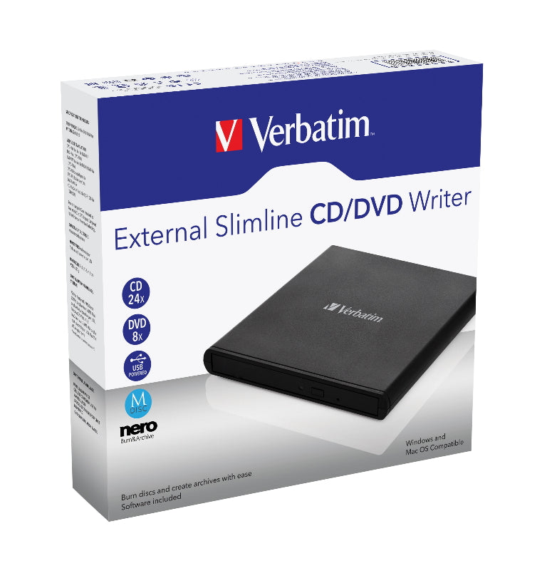 Verbatim External Slimline CD/DVD Reader, Writer, Burner, Player, Ultra Portable on the Go, Notebooks, USB Powered Black Mobile, Retail Pack 98938