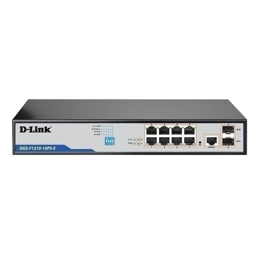 D-Link 10-Port Gigabit Smart Managed PoE+ Switch with 8 Long Reach PoE Ports + 2 SFP Ports  - DGS-F1210-10PS-E