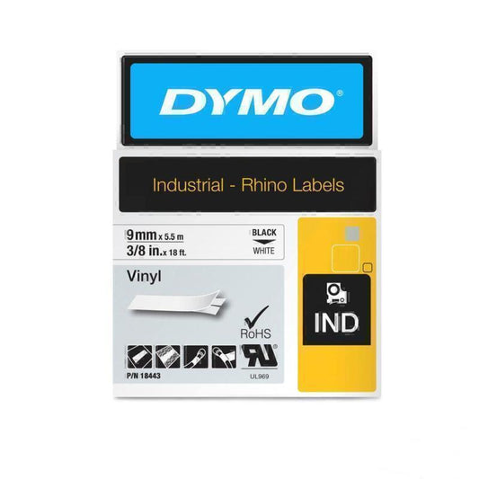 DymoRhino Black on White 9mm Tape 9mm x 5.5m - 18443