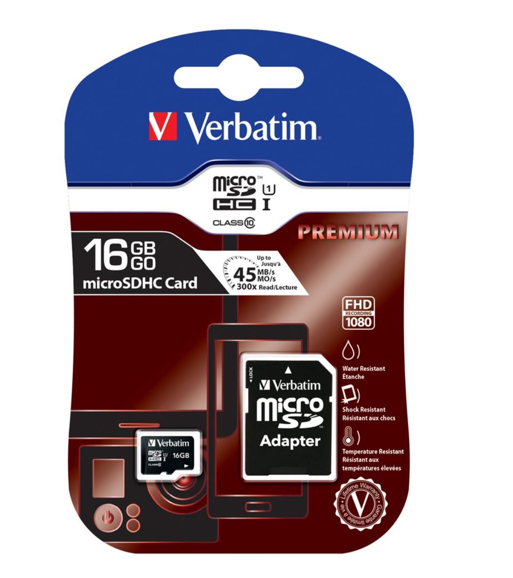 Verbatim Micro SDHC 16GB (Class 10) with Adaptor Up to 45MB/Sec 300X read speed 44082