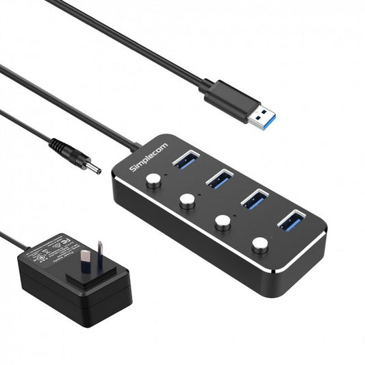 Simplecom CH345PS Aluminium 4-Port USB 3.0 Hub with Individual Switches and Power Adapter CH345PS