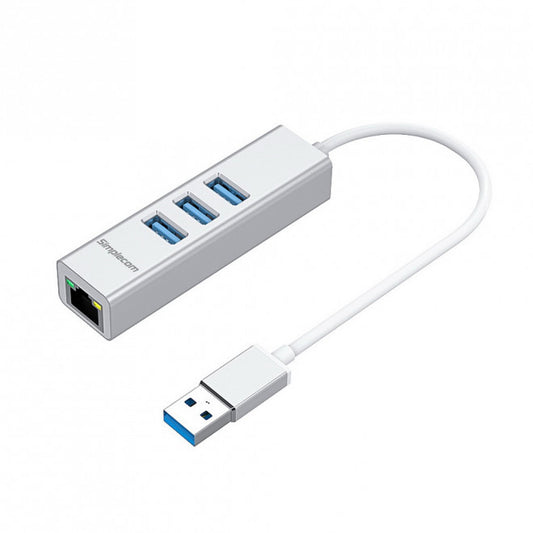 Simplecom CHN420 Silver Aluminium 3 Port SuperSpeed USB HUB with Gigabit Ethernet Adapter CHN420-SILVER