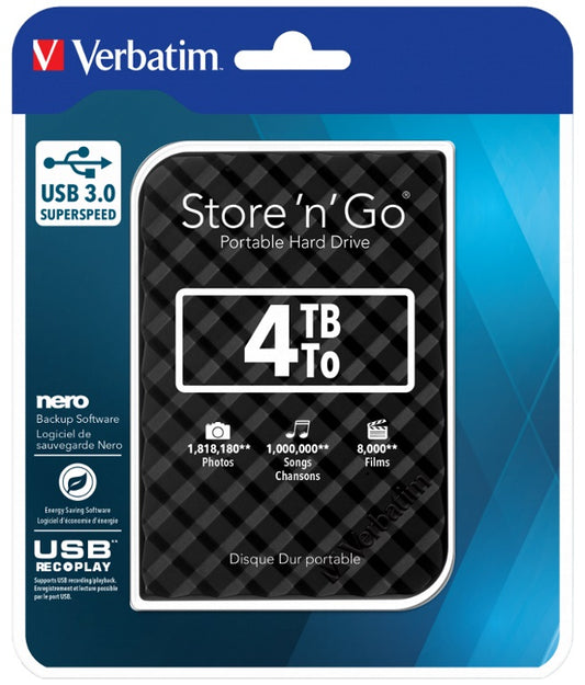 Verbatim 4TB 2.5' USB 3.0 Black Store'n'Go HDD Grid Design. 53223