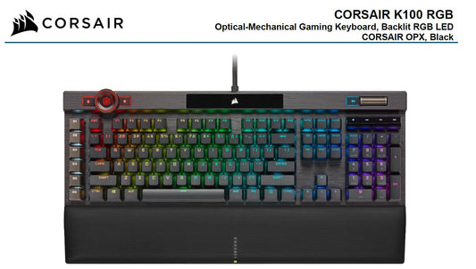 Corsair K100 RGB, Cherry Corsair OPX Switch, AXON 44-Zone RGB, PBT Double-Shot Keycaps, Black, Mechanical Gaming Keyboard  CH-912A01A-NA