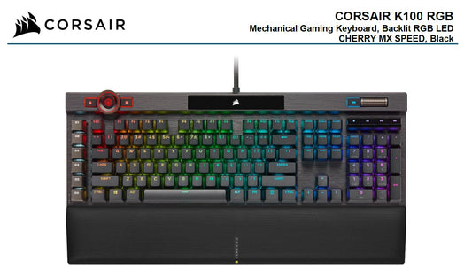 Corsair K100 RGB, Cherry MX SP, Stylish aluminum with RGB, 100 Million strokes tested, ICUE wheel, 8x faster response, Ultra durable key caps, Keyboard CH-912A014-NA