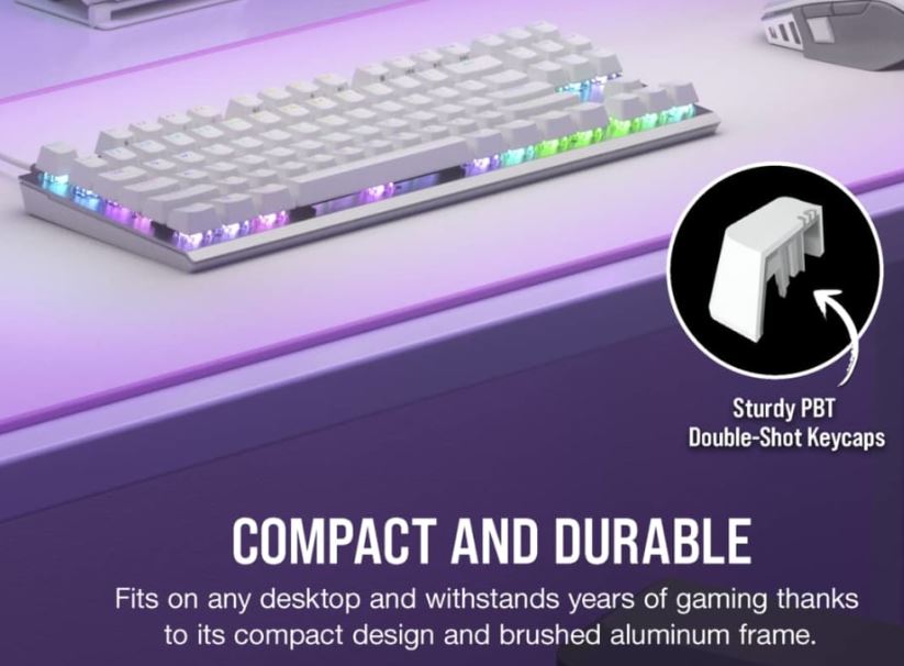 Corsair K60 PRO TKL RGB Compact Tenkeyless Optical-Mechanical Gaming Keyboard- White, USB-C Fast Setup, Fast Input. PBT Doubleshot KeyCaps CH-911D11A-NA