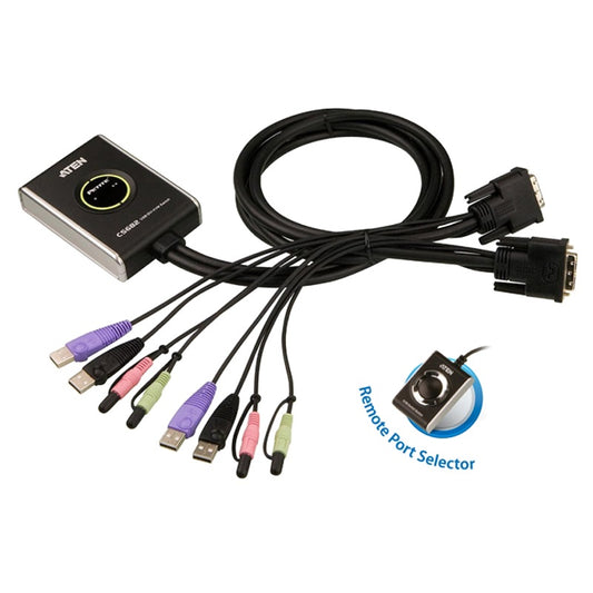 Aten Compact KVM Switch 2 Port Single Display DVI w/ audio, 1.2m Cable, Remote Port Selector,  CS682-AT