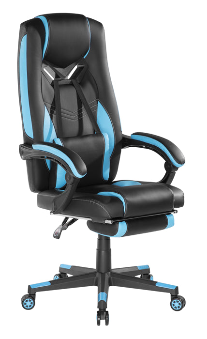 Brateck Premium PU Gaming Chair with Lumbar Support and Retractable Footrest (63x71x119~129cm) up to 150kg-PU Leather, PVC Leather-Black-Blue CH06-26