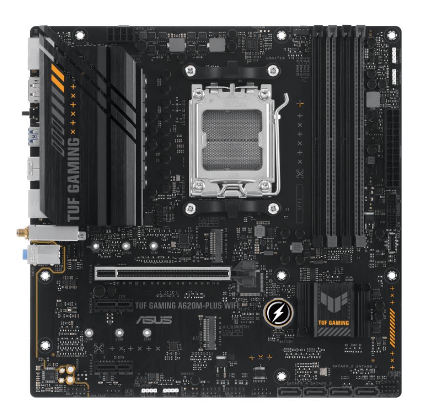 ASUS AMD A620M TUF GAMING A620M-PLUS WIFI (AM5) Micro-ATX Motherboard, 4xDDR5 192GB, 1 x PCIe 4.0 x16 slot, 2 x M.2 slots, 4 x SATA, Wi-Fi 6 TUF GAMING A620M-PLUS WIFI