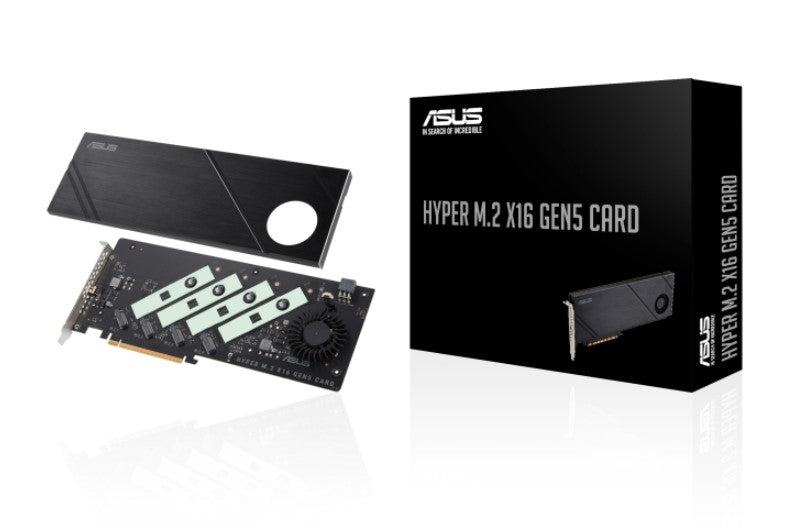 ASUS HYPER M.2 X16 GEN5 CARD (PCIe 5.0/4.0) Supports up to four NVMe M.2 (2242/2260/2280/22110) devices at up to 512 Gbps for RAID functions HYPER M.2 X16 GEN 5 CARD