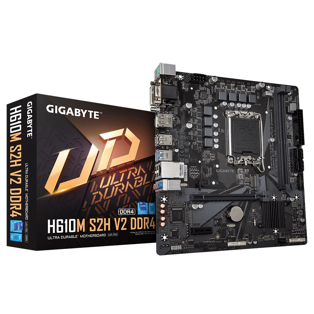 Gigabyte H610M S2H V2 DDR4 Intel LGA 1700 mATX Motherboard, 2x DDR4 ~64GB, 1x PCI x16, 1x PCI=E x1, 1x M.2, 4x SATA, 2x USB3.2, 4x USB 2 (By order) H610M S2H V2 DDR4-SA