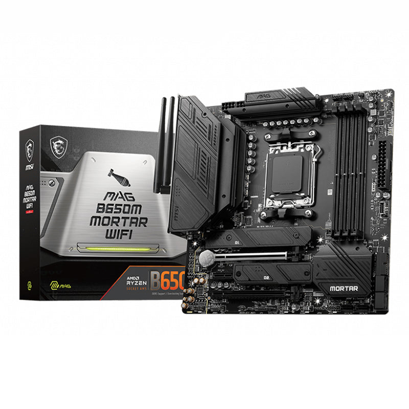 MSI MAG B650M MORTAR WIFI AMD AM5 mATX Motherboard, 4x DDR5 ~128GB, 1x PCI-E x16, 2x M.2, 6x SATA, 8x USB 3.2, 1x USB Type C MAG B650M MORTAR WIFI