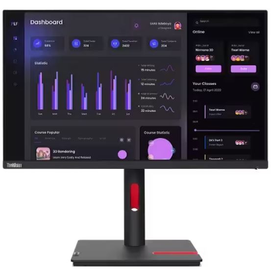 LENOVO ThinkVision T24I-30 23.8'/24' 60Hz FHD Monitor 1920x1080 16:9 Anti-Glare Height Adjustable Titl Swivel Pivot 4xUSB3.2 Hub VGA DP HDMI Audio 3yr 63CFMAR1AU