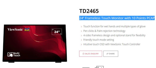 ViewSonic 24' TD2465 10 Points PCAP POS, Retail, Mining. Wet & Multi-Glove high-sensitive Projective Capacitive. Commercial and Industrial monitor TD2465