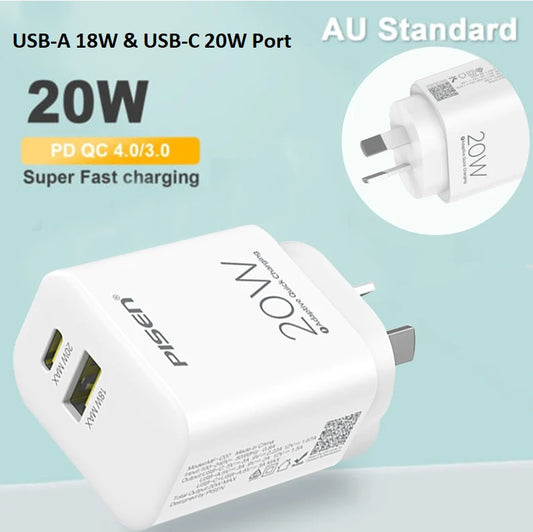 Pisen 20W Dual Port (USB-C PD 20W + USB-A QC3.0 18W) Fast Wall Charger - Compact, Travel Ready, 3x Faster Charging, Charge Two Devices Simultaneously 6902957164887