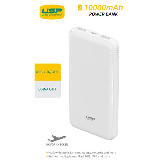 USP 10K mAh Power Bank (37W) with Triple Ports (USB-C + Dual USB-A) White - LED Power Indicator, Fast & Safe, Intelligent Charging, Meet Airport Aviation 697289020807