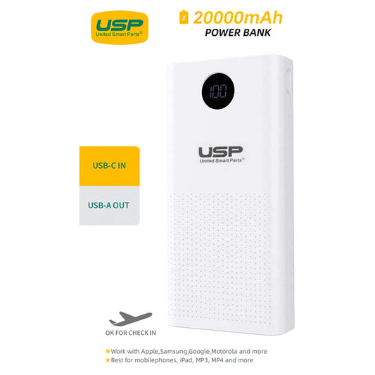 USP 20K mAh Power Bank - White, 2 USB-A Outputs (5W & 10W), 2 USB Input, Digital Display, Comfortable Grip, Charge 2 Devices, Intelligent Matching 6972890208115