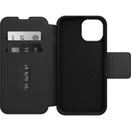 OtterBox Strada MagSafe Apple iPhone 15 (6.1') Case Shadow (Black) - (77-93572), DROP+ 3X Military Standard, Leather Folio Cover, Card Holder 77-93572