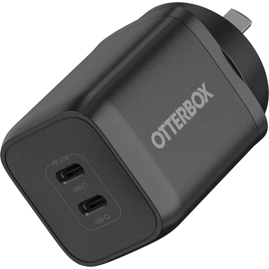 OtterBox 65W Dual Port USB-C (Type I) PD Fast GaN Wall Charger - Black (78-81354), 2x USB-C (45W+20W or Single 65W), Compact, Support PPS, Laptop Charger 78-81354